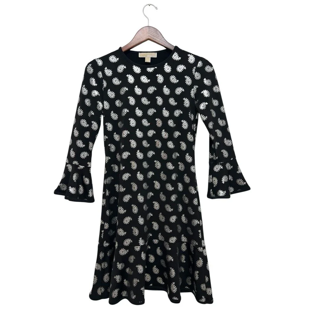 MICHAEL KORS Black/Silver Foil Paisley Flounce Shift Dress Bell Sleeves Size S